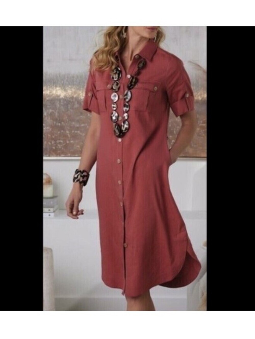 Soft Surroundings Rustic Red Linen Blend Button Down Shirt Dress Small $128